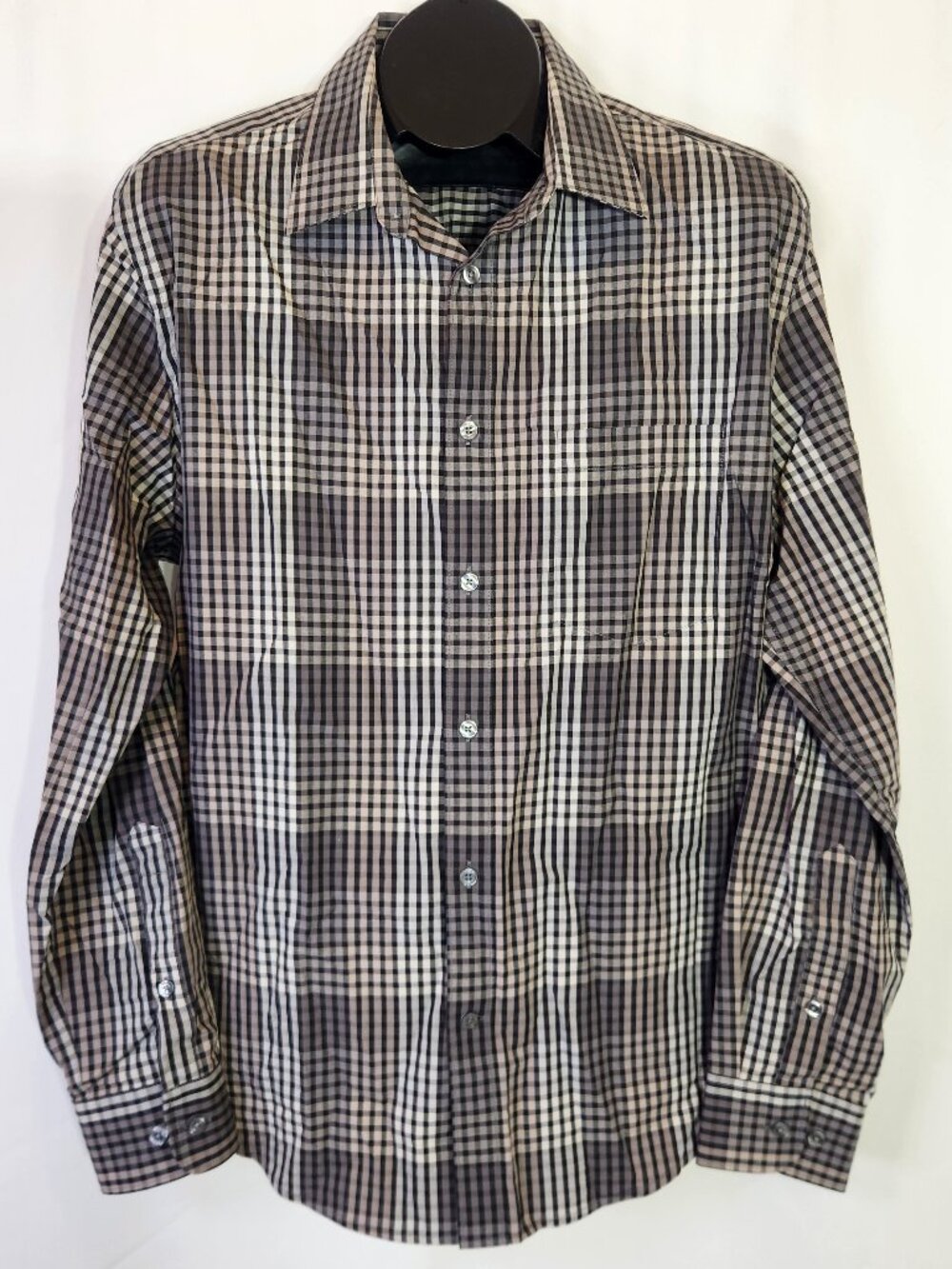 Perry Ellis Men’s Shirt Large L Gray Black Gingham Plaid Checkered Long Sleeve
